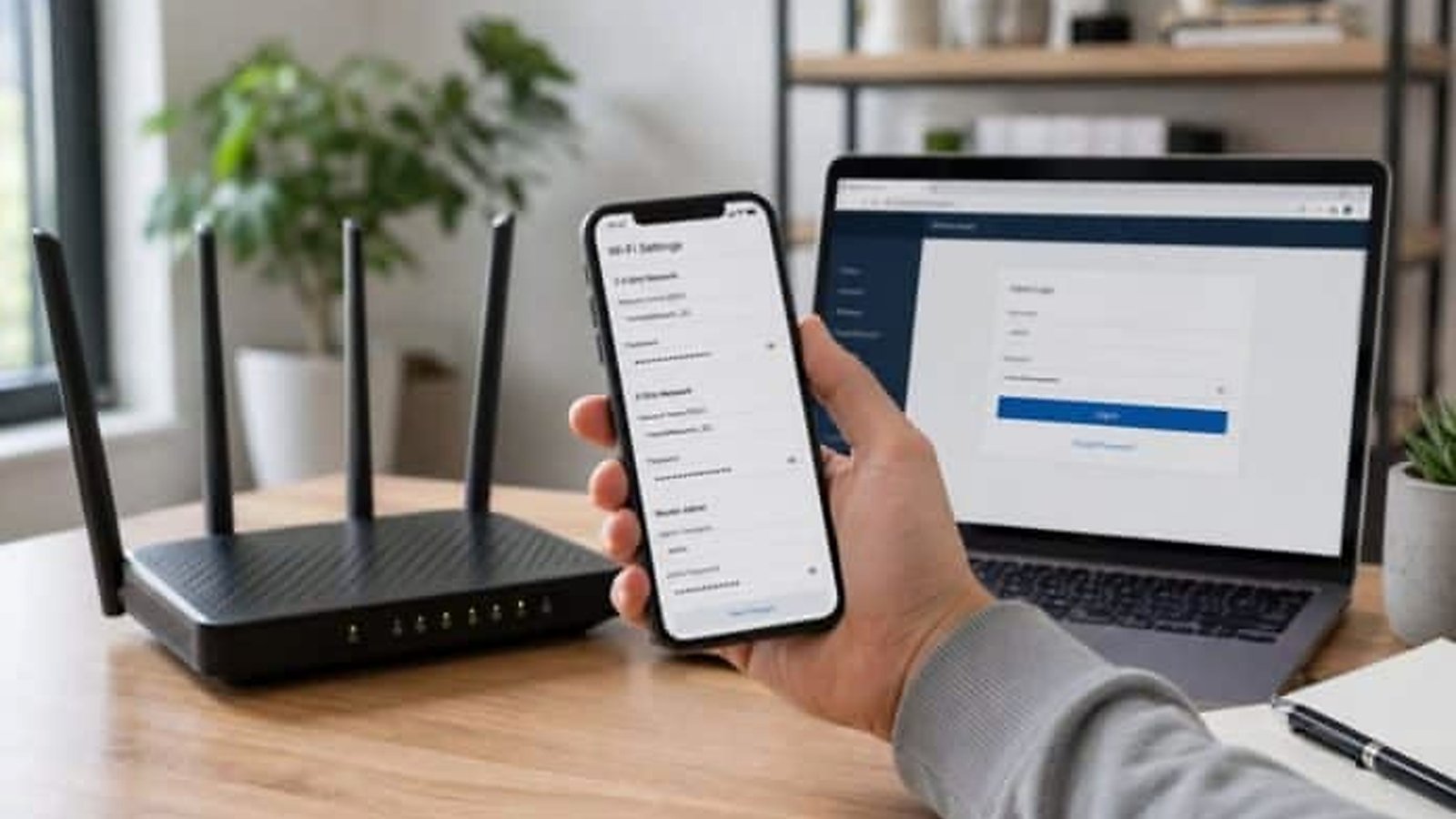 Modern office connected through router and digital infrastructure